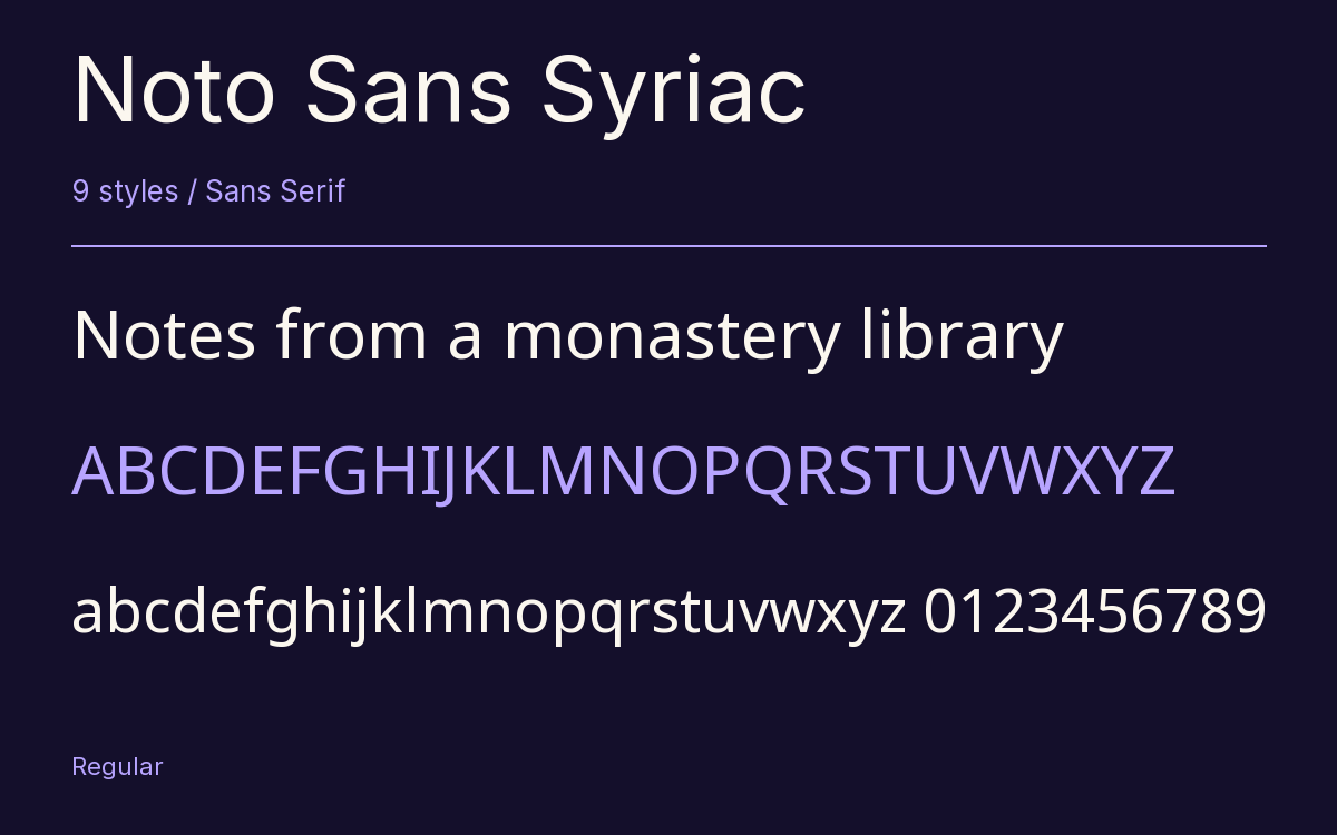 Noto Sans Syriac type specimen with letters and figures
