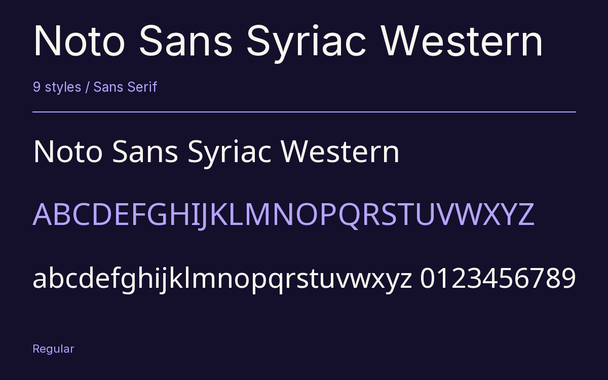 Noto Sans Syriac Western type specimen with letters and figures