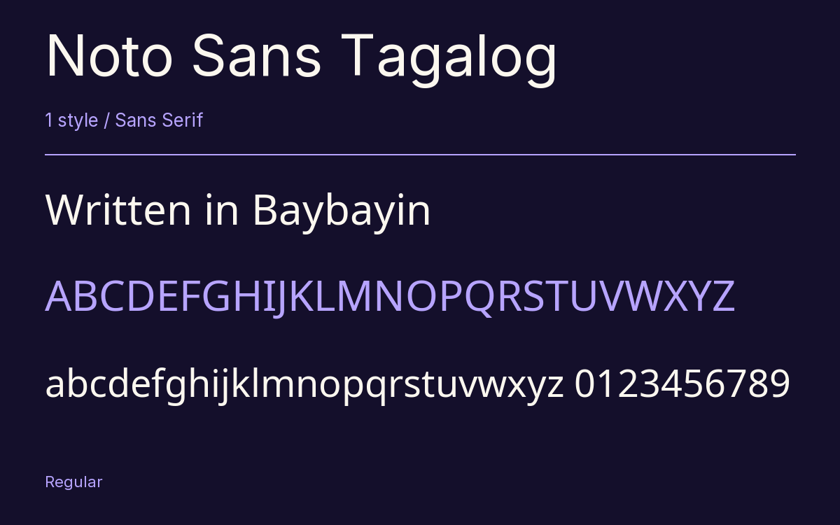 Noto Sans Tagalog type specimen with letters and figures