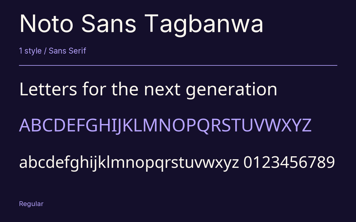 Noto Sans Tagbanwa type specimen with letters and figures