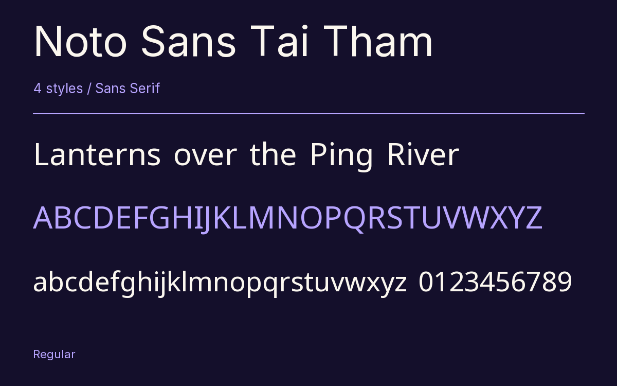Noto Sans Tai Tham type specimen with letters and figures