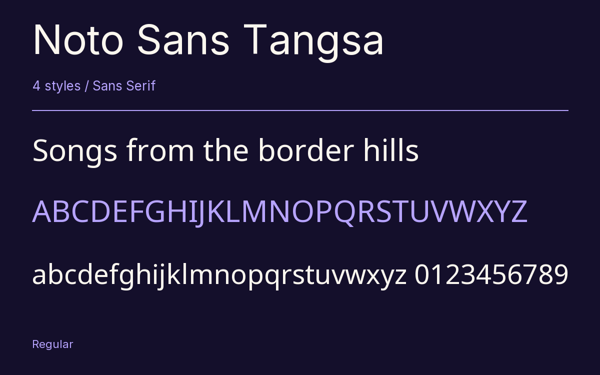 Noto Sans Tangsa type specimen with letters and figures