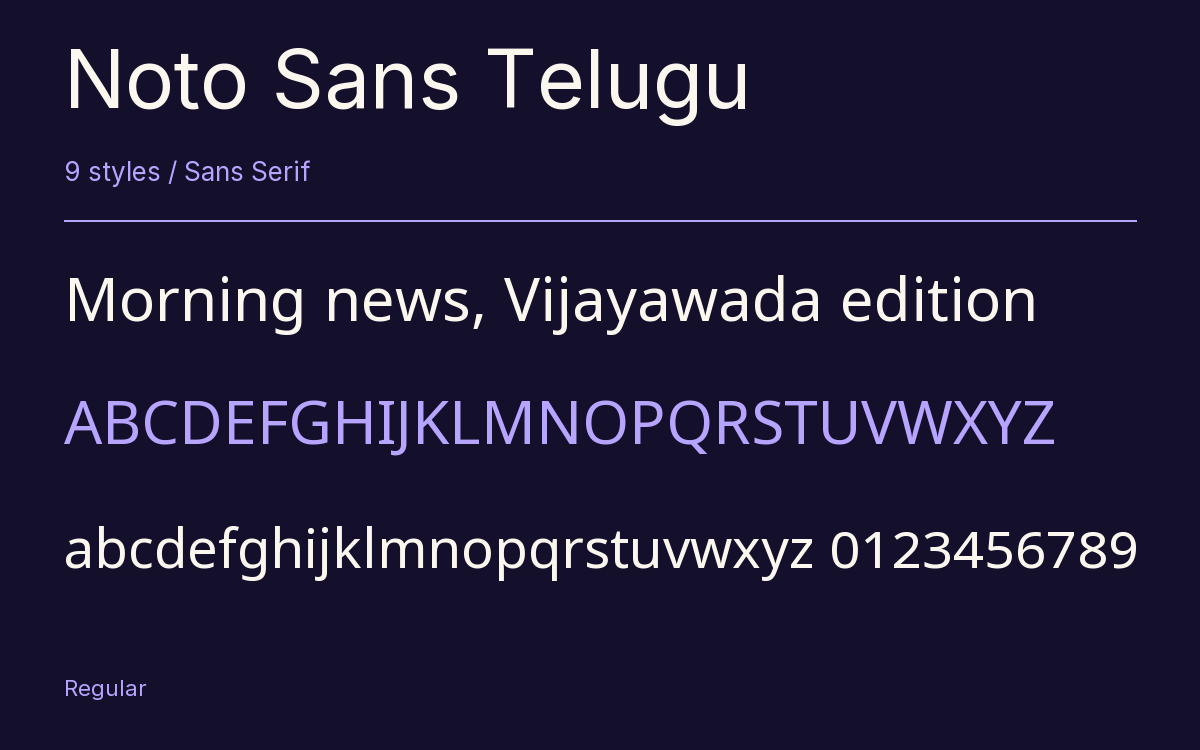 Noto Sans Telugu type specimen with letters and figures