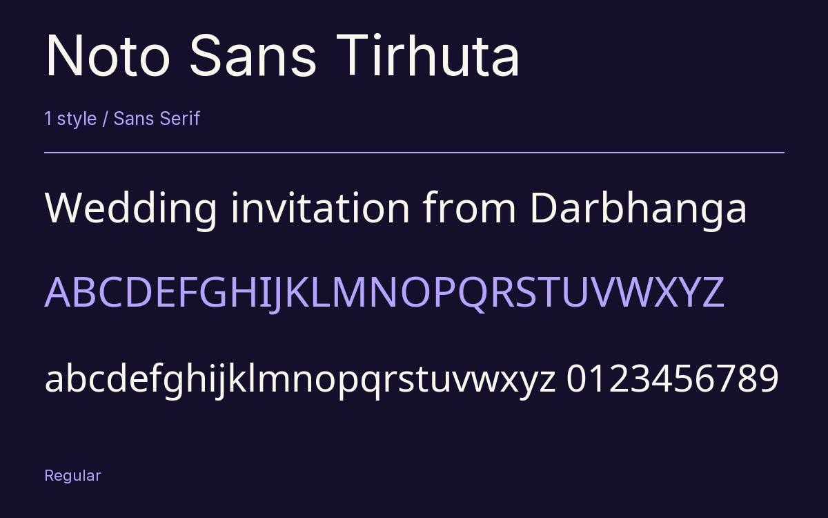 Noto Sans Tirhuta type specimen with letters and figures
