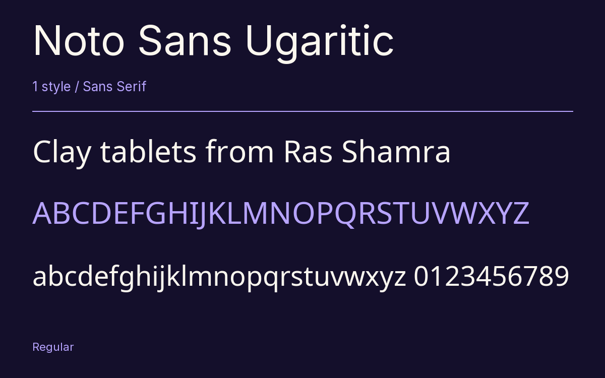 Noto Sans Ugaritic type specimen with letters and figures