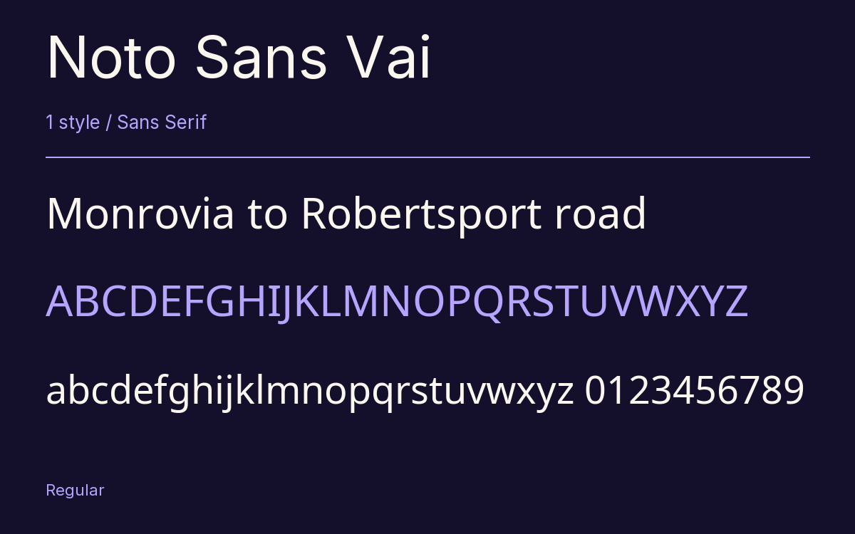 Noto Sans Vai type specimen with letters and figures