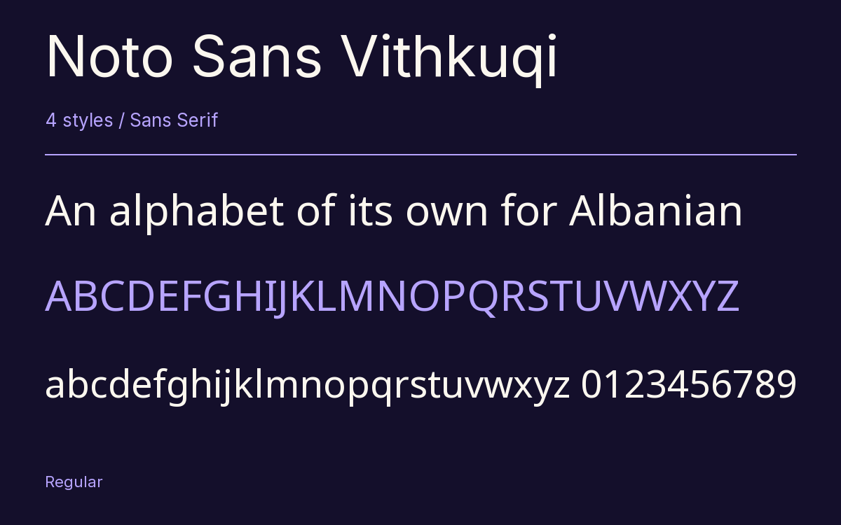 Noto Sans Vithkuqi type specimen with letters and figures