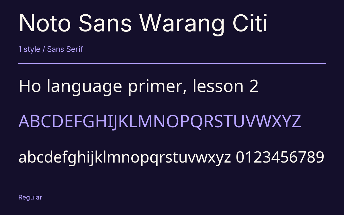 Noto Sans Warang Citi type specimen with letters and figures