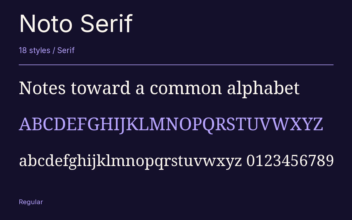Noto Serif type specimen with letters and figures
