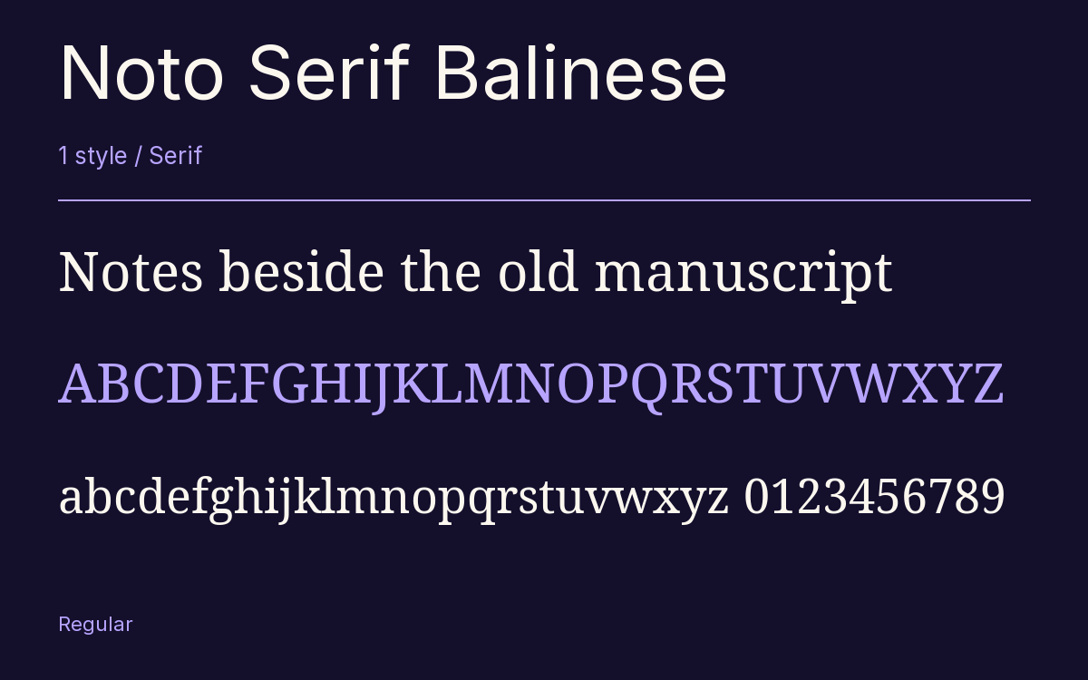 Noto Serif Balinese type specimen with letters and figures