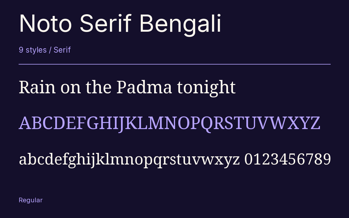 Noto Serif Bengali type specimen with letters and figures