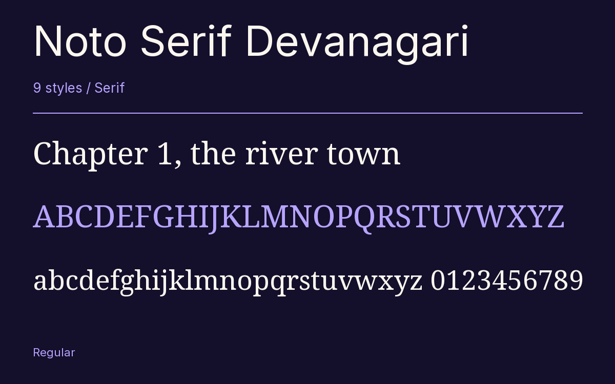 Noto Serif Devanagari type specimen with letters and figures
