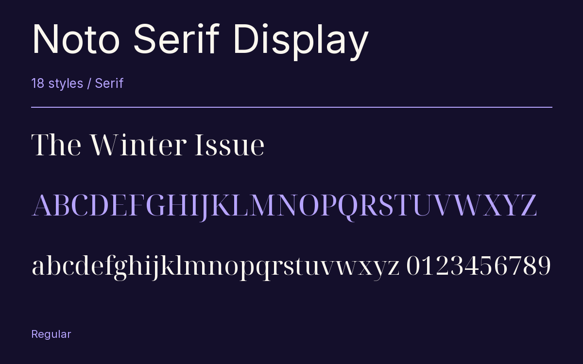 Noto Serif Display type specimen with letters and figures