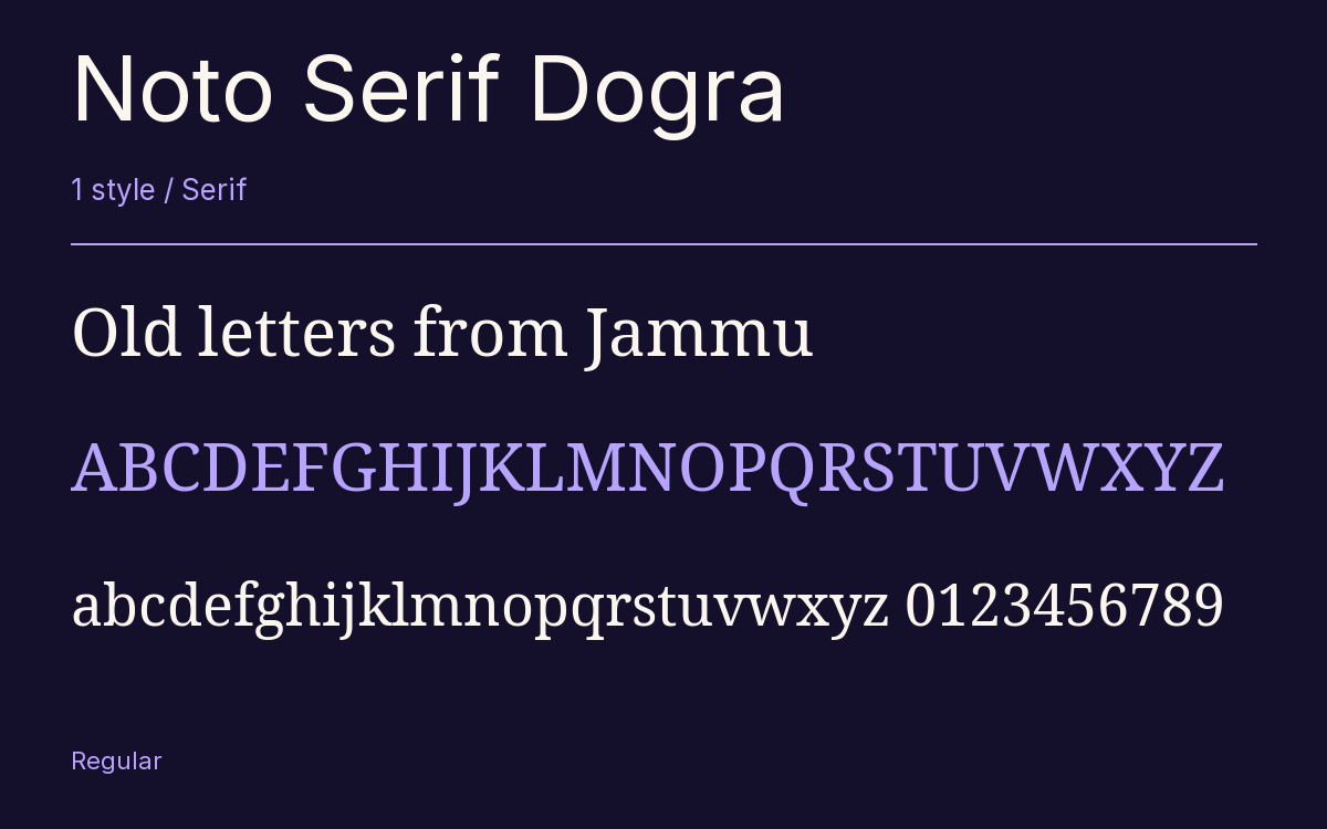 Noto Serif Dogra type specimen with letters and figures