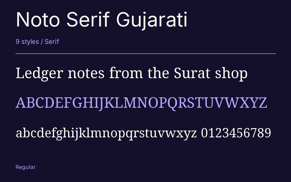 Noto Serif Gujarati type specimen with letters and figures