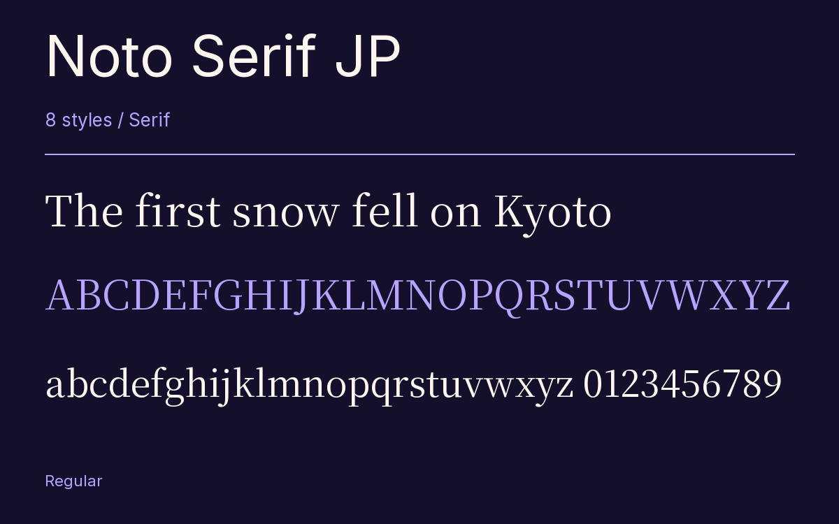 Noto Serif JP type specimen with letters and figures
