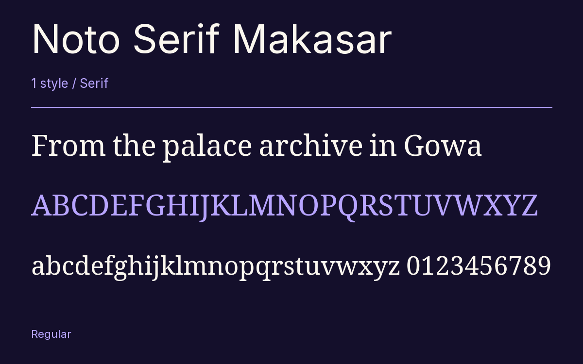 Noto Serif Makasar type specimen with letters and figures