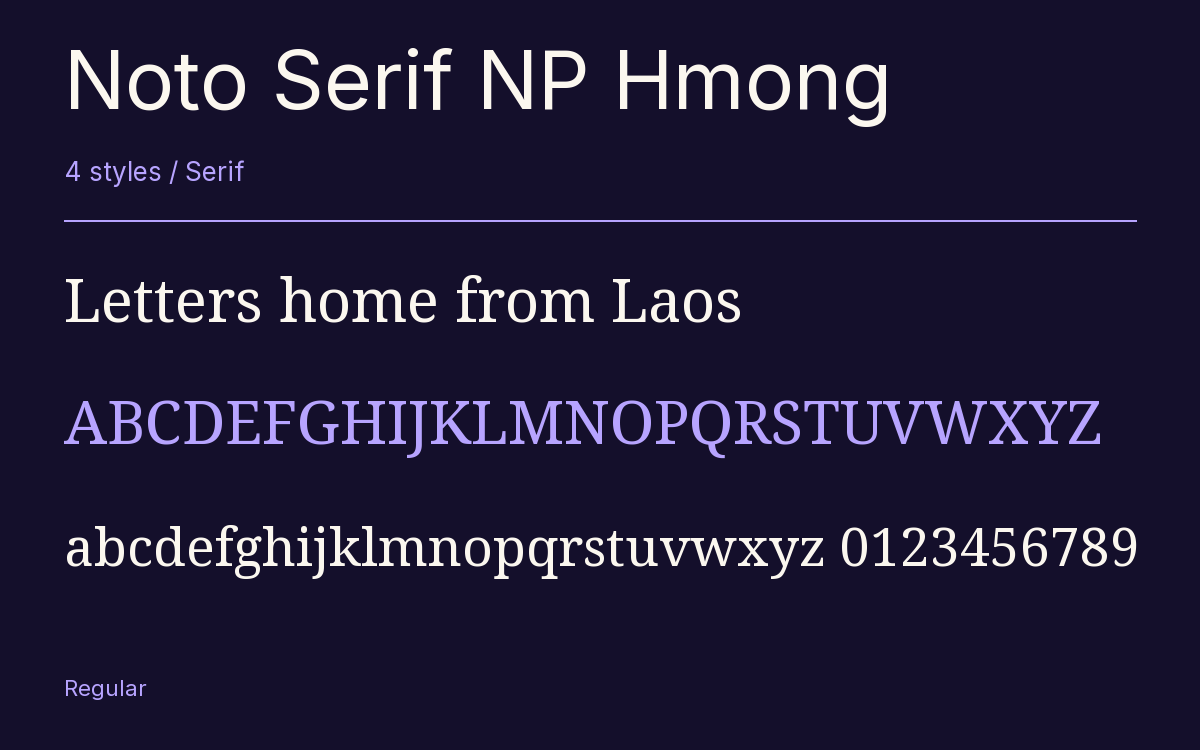 Noto Serif NP Hmong type specimen with letters and figures