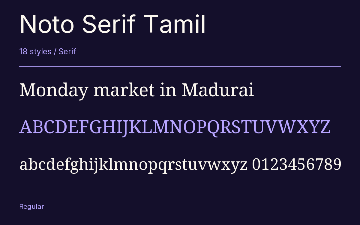 Noto Serif Tamil type specimen with letters and figures
