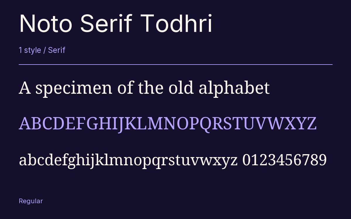 Noto Serif Todhri type specimen with letters and figures