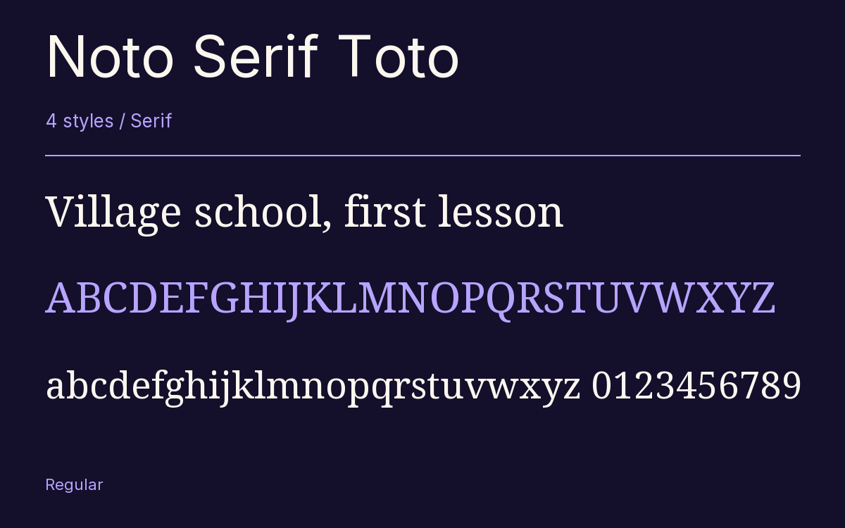 Noto Serif Toto type specimen with letters and figures