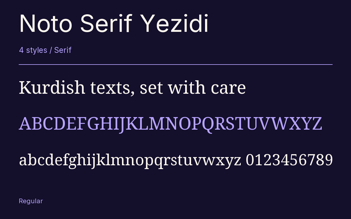 Noto Serif Yezidi type specimen with letters and figures