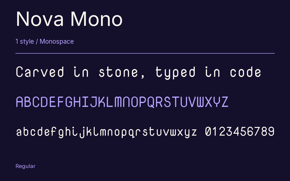 Nova Mono type specimen with letters and figures