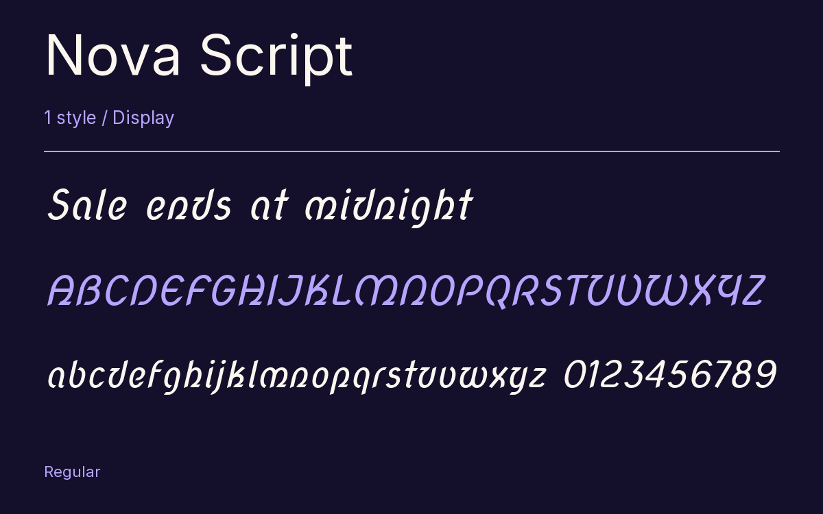 Nova Script type specimen with letters and figures