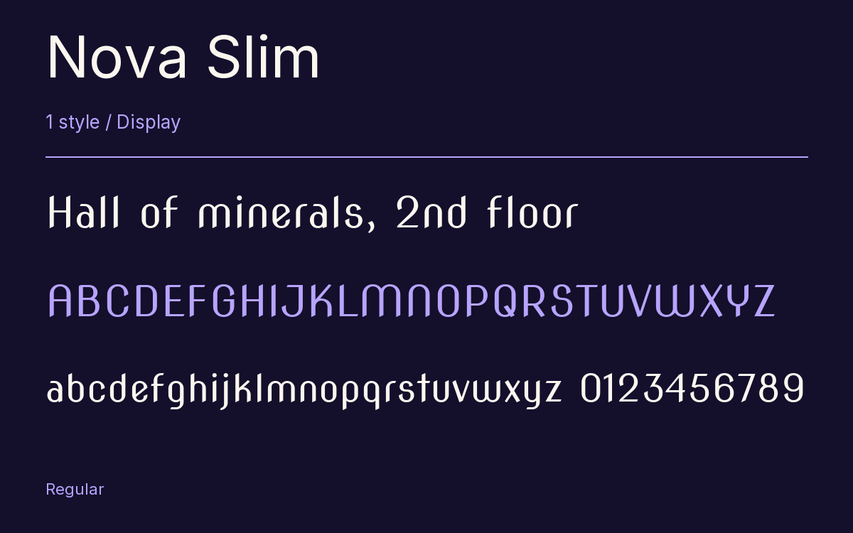 Nova Slim type specimen with letters and figures