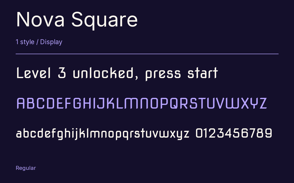 Nova Square type specimen with letters and figures