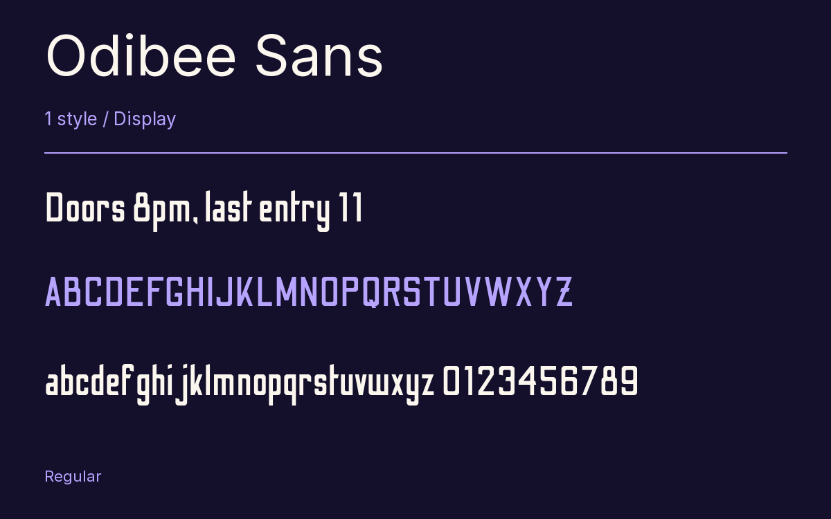 Odibee Sans type specimen with letters and figures