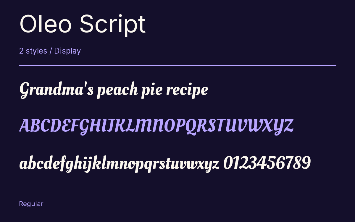 Oleo Script type specimen with letters and figures
