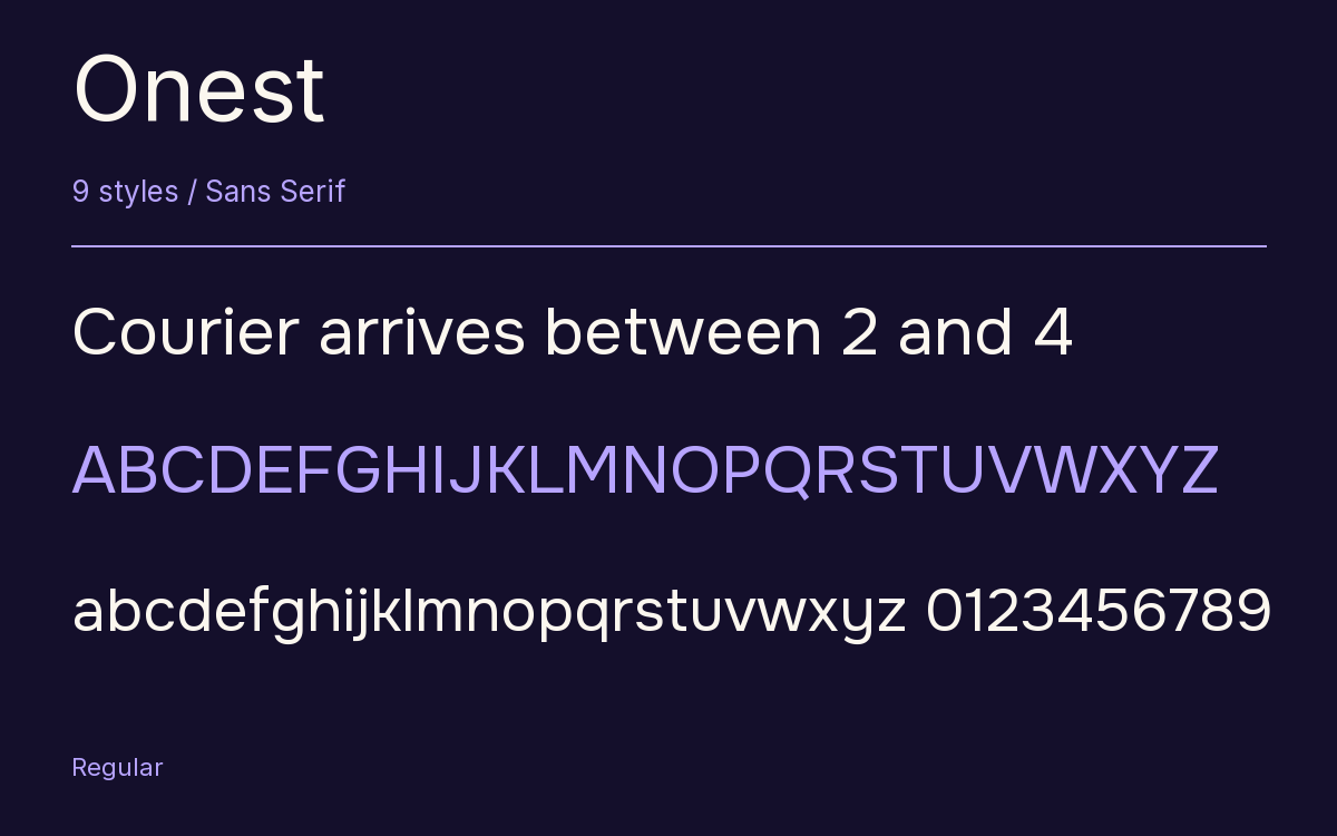 Onest type specimen with letters and figures