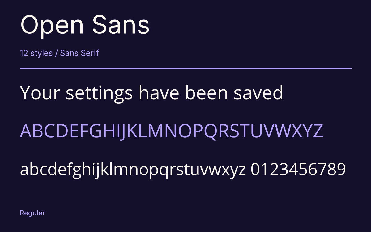 Open Sans type specimen with letters and figures