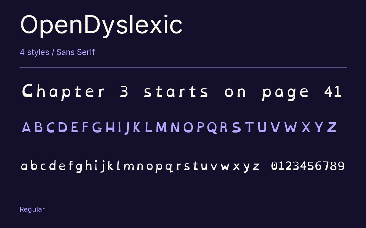 OpenDyslexic type specimen with letters and figures