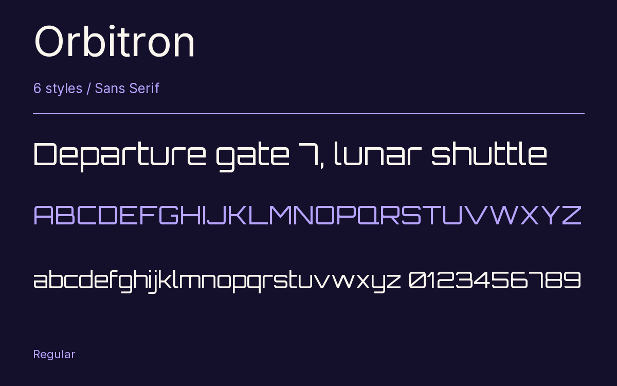 Orbitron type specimen with letters and figures