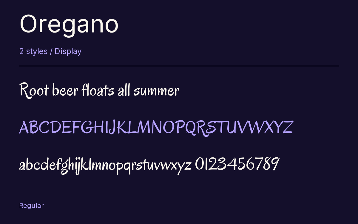 Oregano type specimen with letters and figures