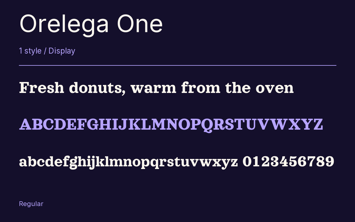 Orelega One type specimen with letters and figures