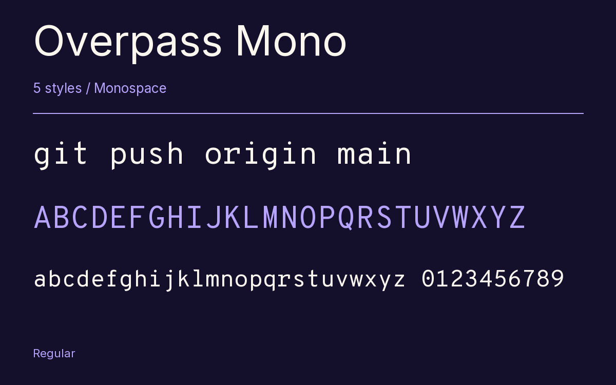 Overpass Mono type specimen with letters and figures