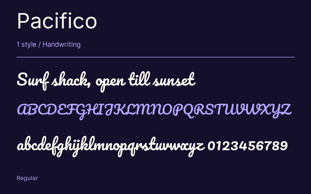 Pacifico type specimen with letters and figures