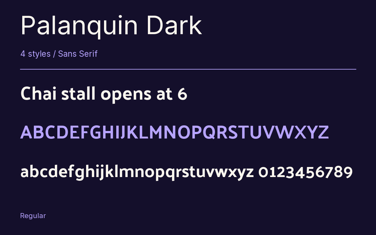 Palanquin Dark type specimen with letters and figures