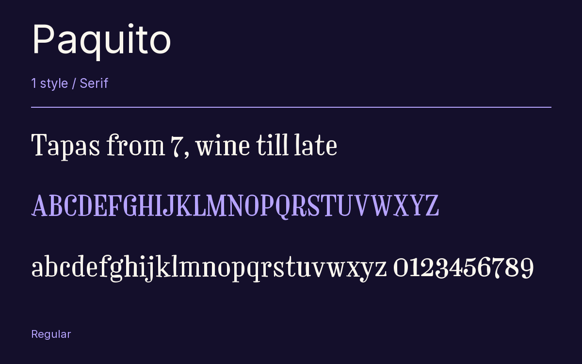 Paquito type specimen with letters and figures