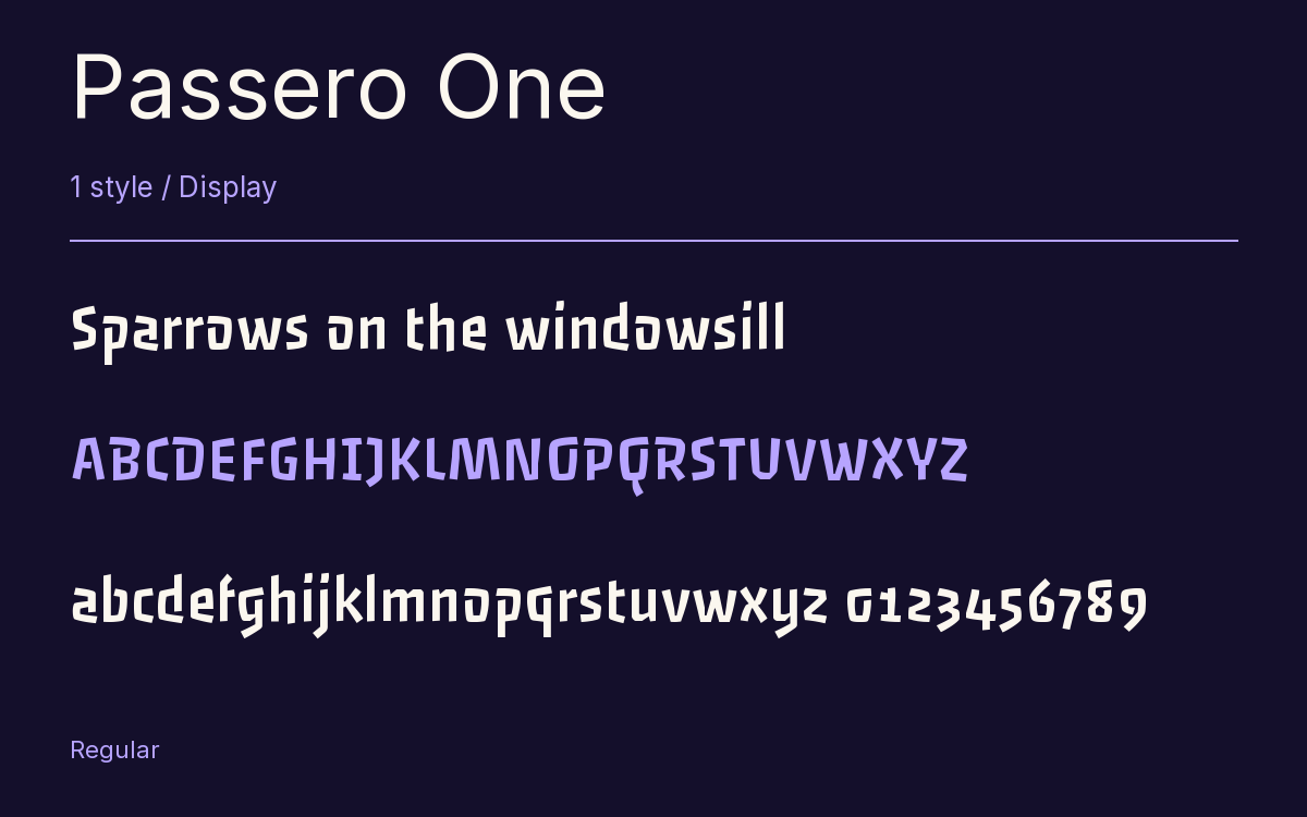 Passero One type specimen with letters and figures