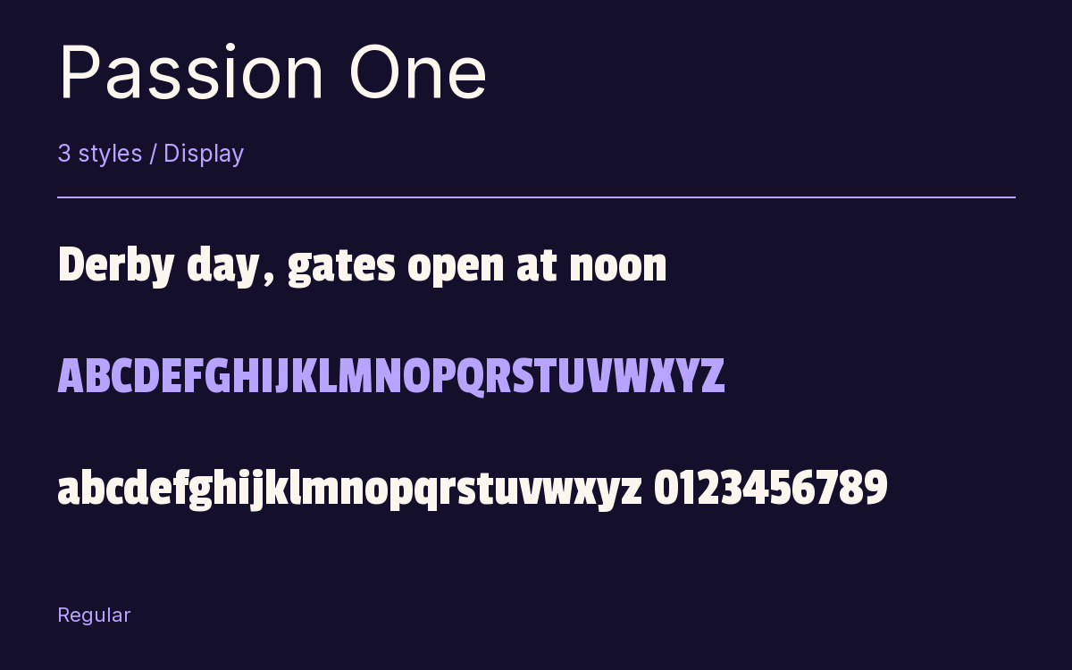 Passion One type specimen with letters and figures
