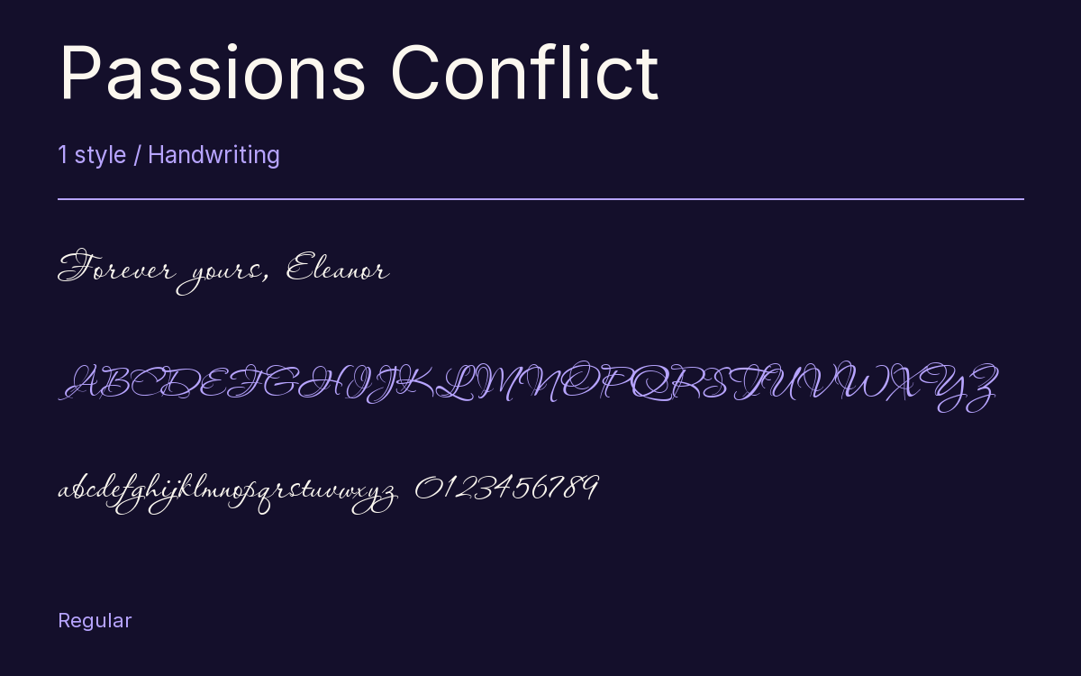 Passions Conflict type specimen with letters and figures