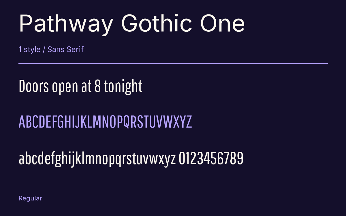 Pathway Gothic One type specimen with letters and figures