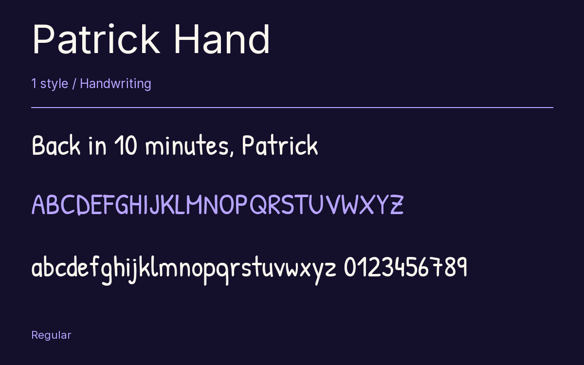 Patrick Hand type specimen with letters and figures