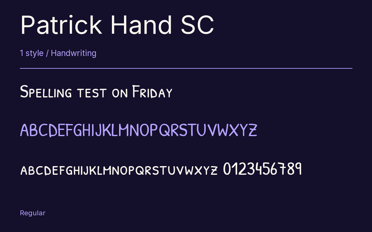 Patrick Hand SC type specimen with letters and figures