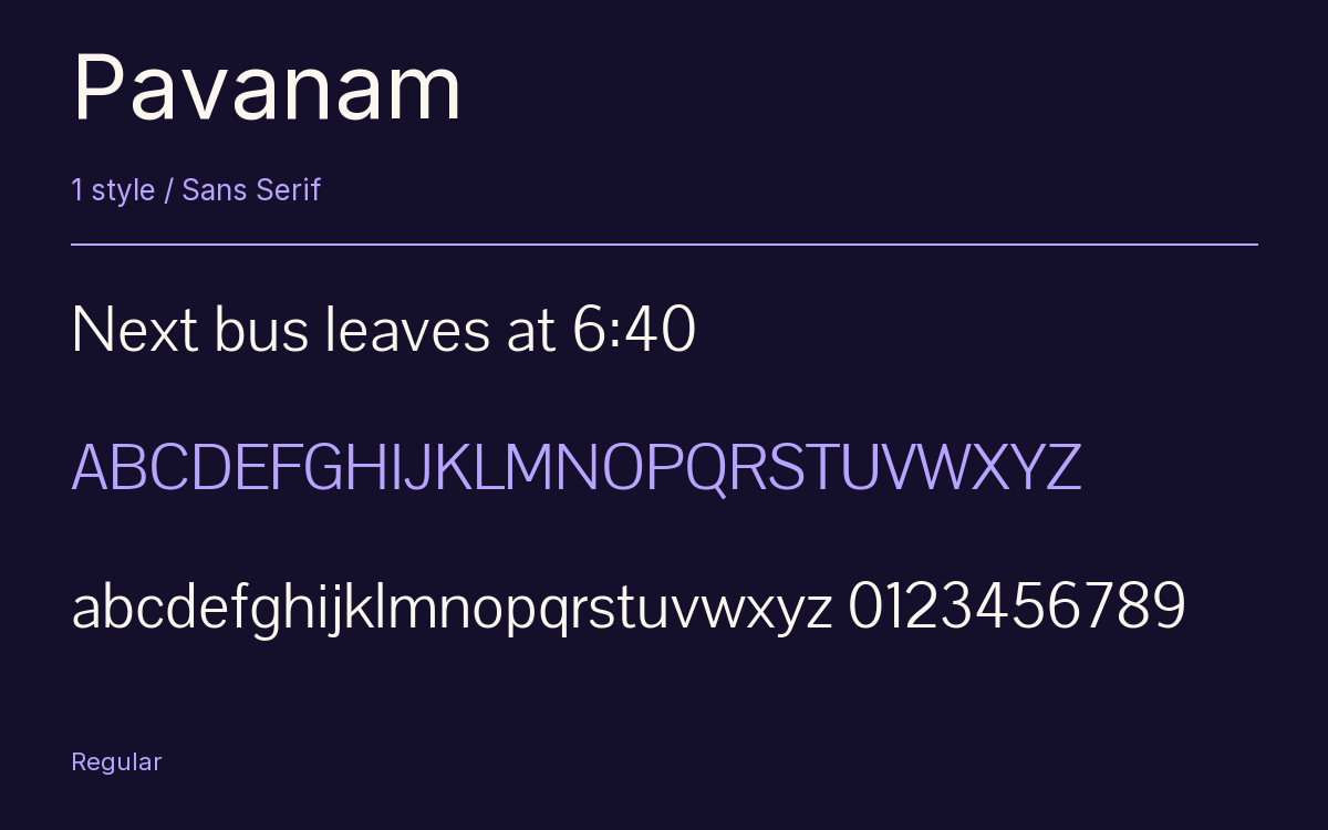 Pavanam type specimen with letters and figures