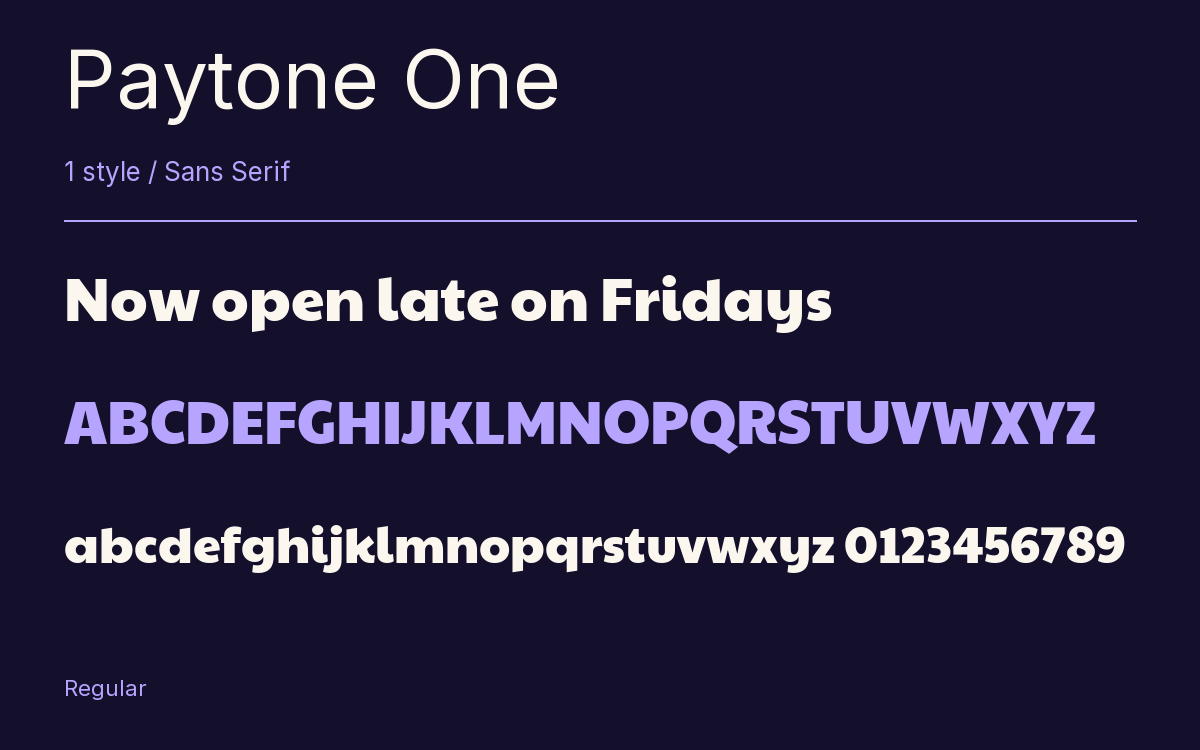 Paytone One type specimen with letters and figures